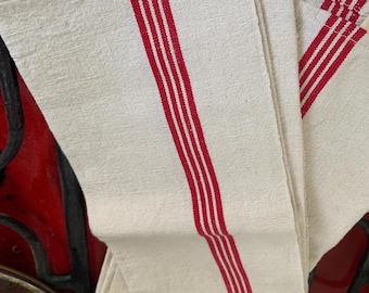 Un-used French 1930&#39;s Dish Cloths Antique French Linen Torchons. Red Stripe With Monogram