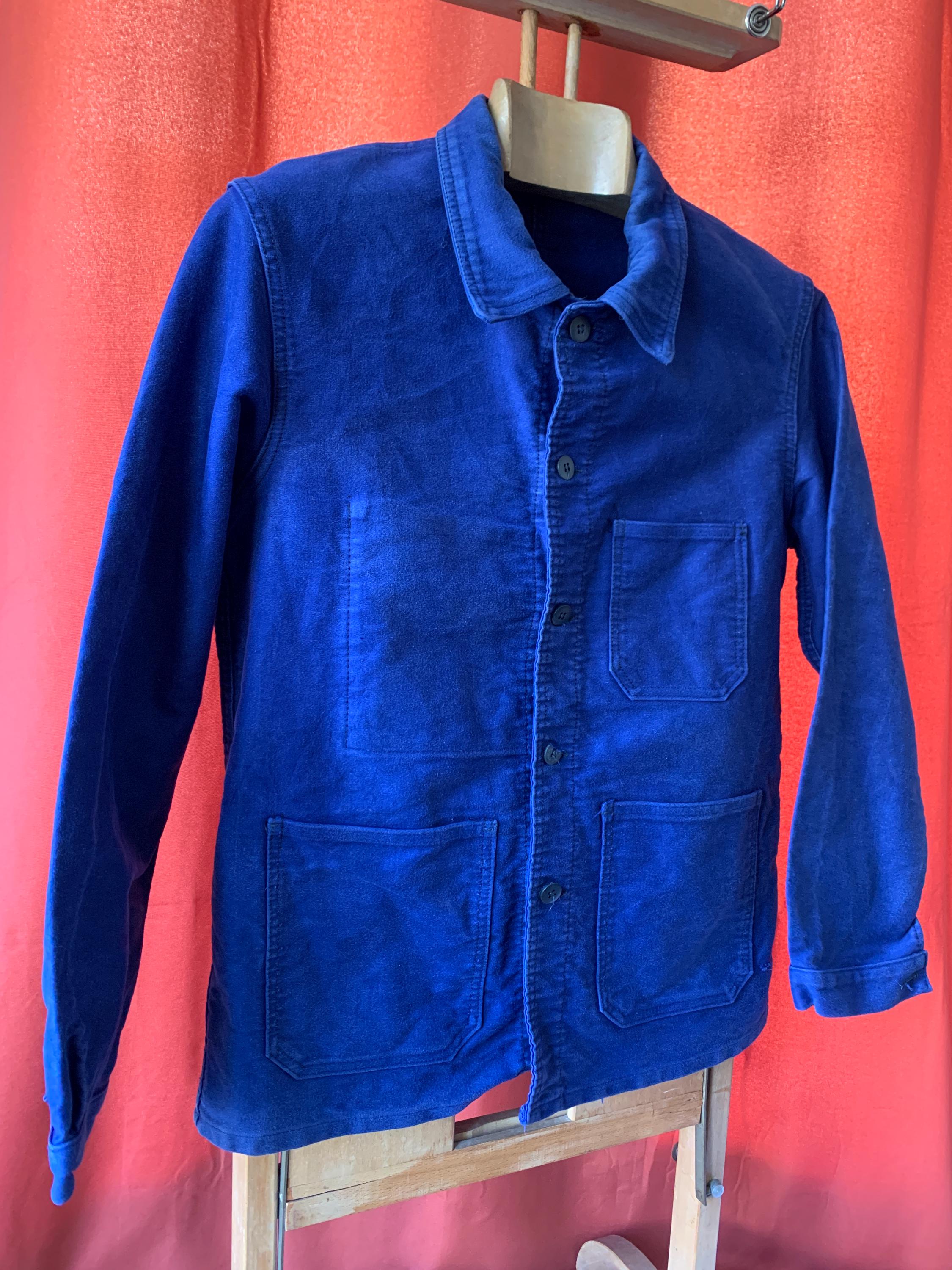 Size S/M, French Worn Moleskin Workwear Jacket, Vintage Blue Chore Coat. FJ132