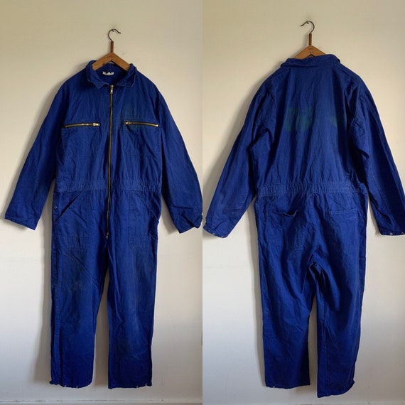 French Vintage Jumpsuit, Size L, 1950's Blue Boile