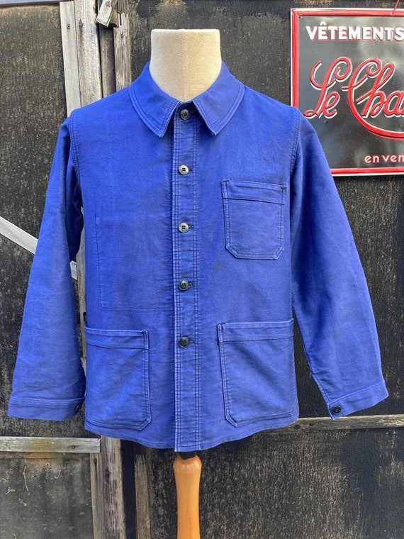 Size S, French Moleskin Workwear Jacket, 's Blue Chore Coat. Interior  KONECO label. J