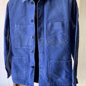 Größe S, Französisch getragene Moleskin Arbeitsjacke, Vintage Blauer Chore Mantel. J003