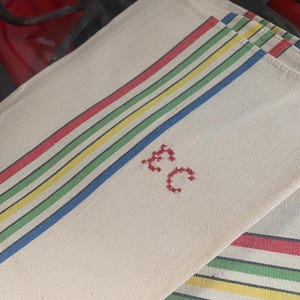 French 1930&#39;s Dish Cloths. Antique French Linen Torchons Red/yellow/green Stripes With &#39;RF&#39; Monogram