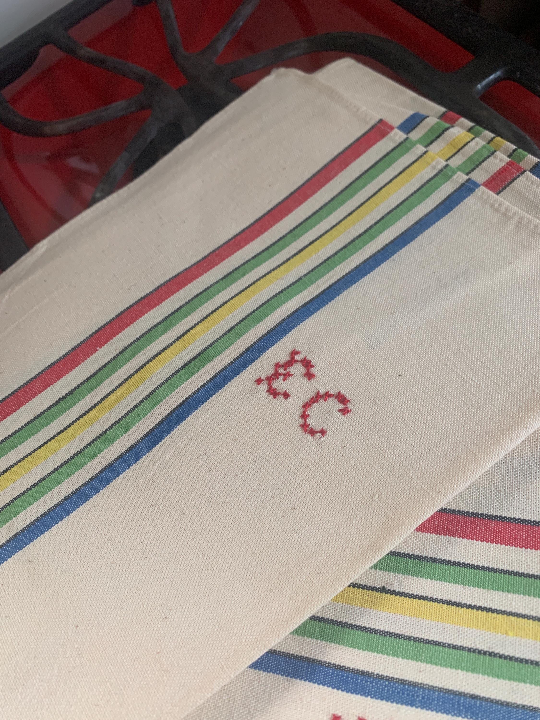 French 1930's Dish Cloths. Antique French Linen Torchons Red/yellow/green Stripes With 'RF' Monogram