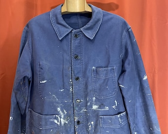 Rare Size Xlarge, French 1940's Moleskin Workwear, V Pocket, Paint
