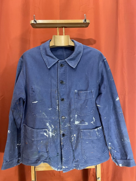 40〜50's French Twill Jacket crazypattern French Army 1950s Blue Cotton Twill Work Chore Jacket Size M