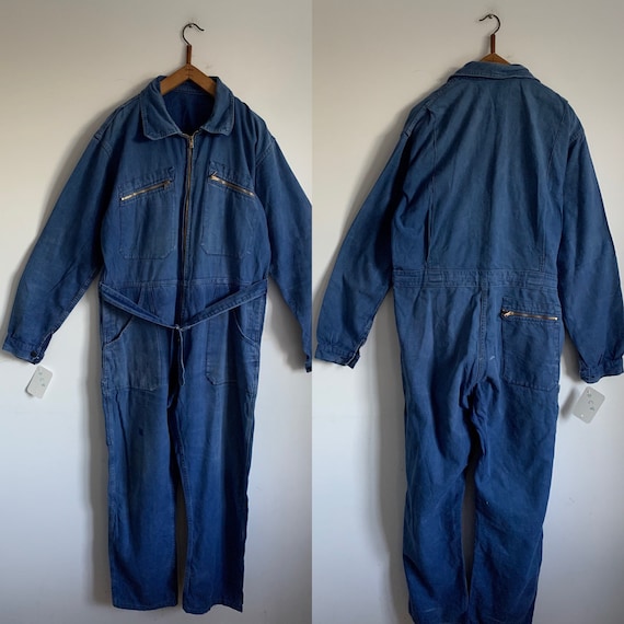 French Vintage Jumpsuit, Size L, Blue Boilersuit,
