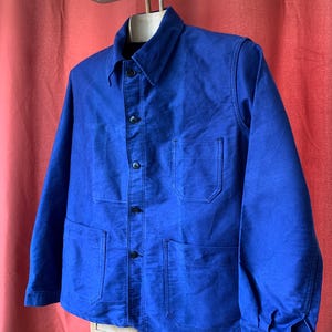 Size S/M, French Worn Moleskin Workwear Jacket, Vintage Blue Chore Coat. FJ124