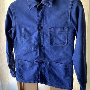 Size Small, French Worn Moleskin Workwear Jacket, Vintage Blue Chore Coat. J004