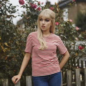 Red and White, Short Sleeve, 100% Woven Cotton, Marine Breton, Unisex Sailors Shirt, S/M/L/XL,