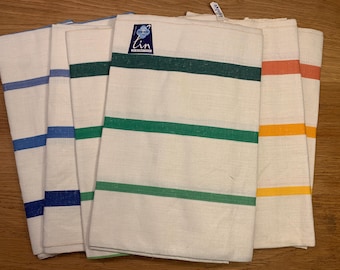 Un-used French Vintage Dish Cloths. Antique French Linen Torchons Orange/Blue/green Stripes