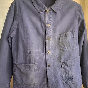 Size Small/Medium, Exceptional French Worn and Faded Workwear Jacket, Blue Chore Coat. J009