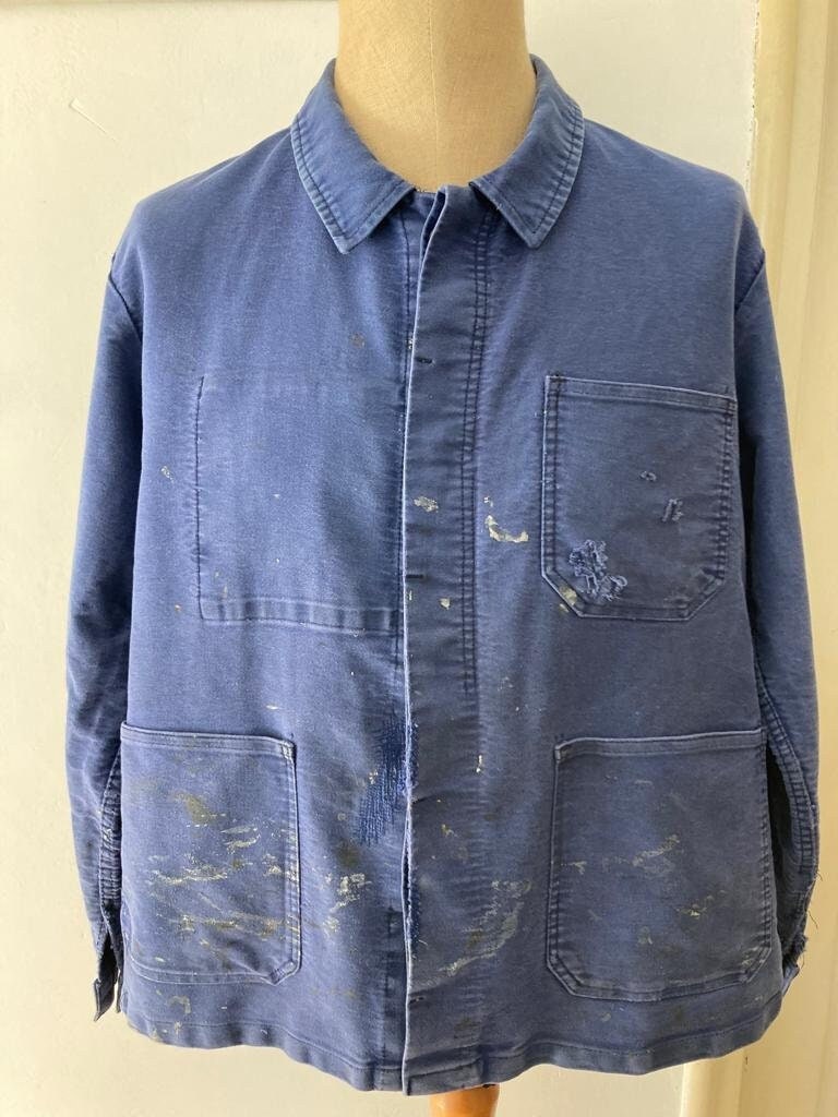 French 1960's Moleskin Workwear, Size L, Worn/Faded/Stained Vintage Chore Coat, J64