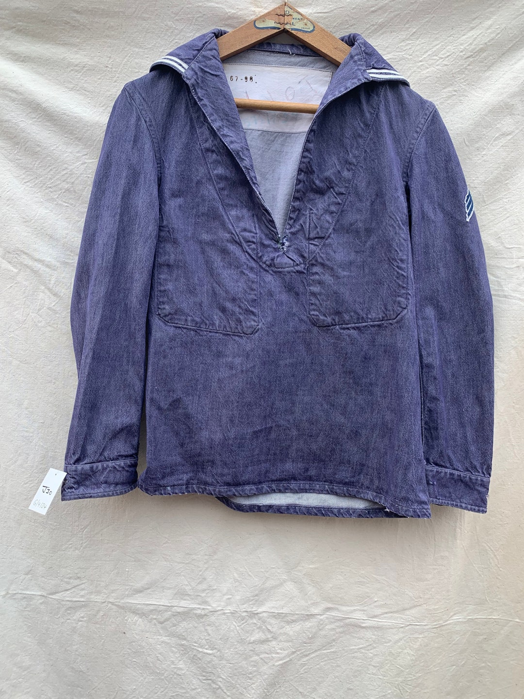 Vintage French Naval, Blue Linen Sailors Smock, Size S