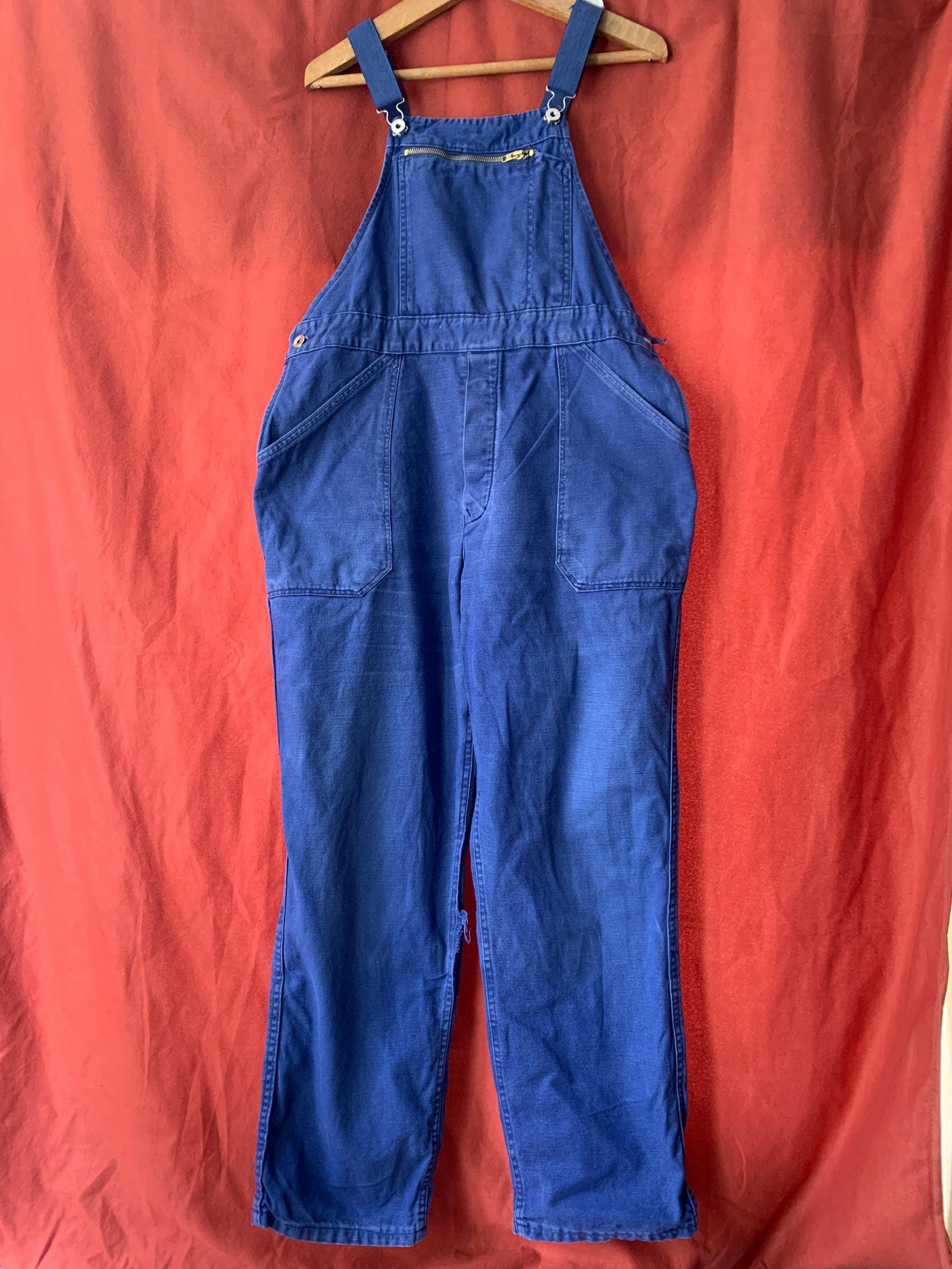 Size M, Vintage French 1950's Navy Blue Dungarees, Soft Worn 100