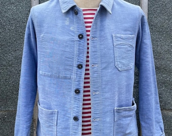 Vintage 1940's VULCAIN Moleskin Workwear Jacket, French Bleu de travail, Size Small