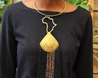 Africa necklace-Gold necklace-Bead necklace-Black necklace-Brass necklace-Statement necklace-Women jewelry-Africa jewelry