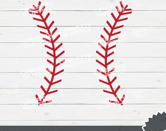 May include: Red baseball stitching design on a white wooden background. The image features two parallel lines of red stitching, commonly found on baseballs. The bottom of the image includes the text "SVG - PNG - DXF - JPG".
