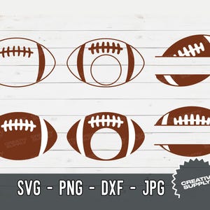 May include: Brown and white football designs in various styles. The image includes whole footballs, footballs with a circular space, and split footballs. The text "SVG - PNG - DXF - JPG" is displayed at the bottom of the image.