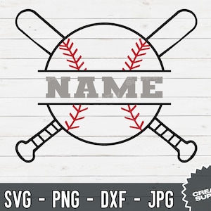 Pode incluir: Um design de beisebol com uma bola e dois bastões cruzados. A bola tem costuras vermelhas e um espaço para um nome. A imagem está em um fundo de grão de madeira branco. A imagem inclui o texto "NAME".