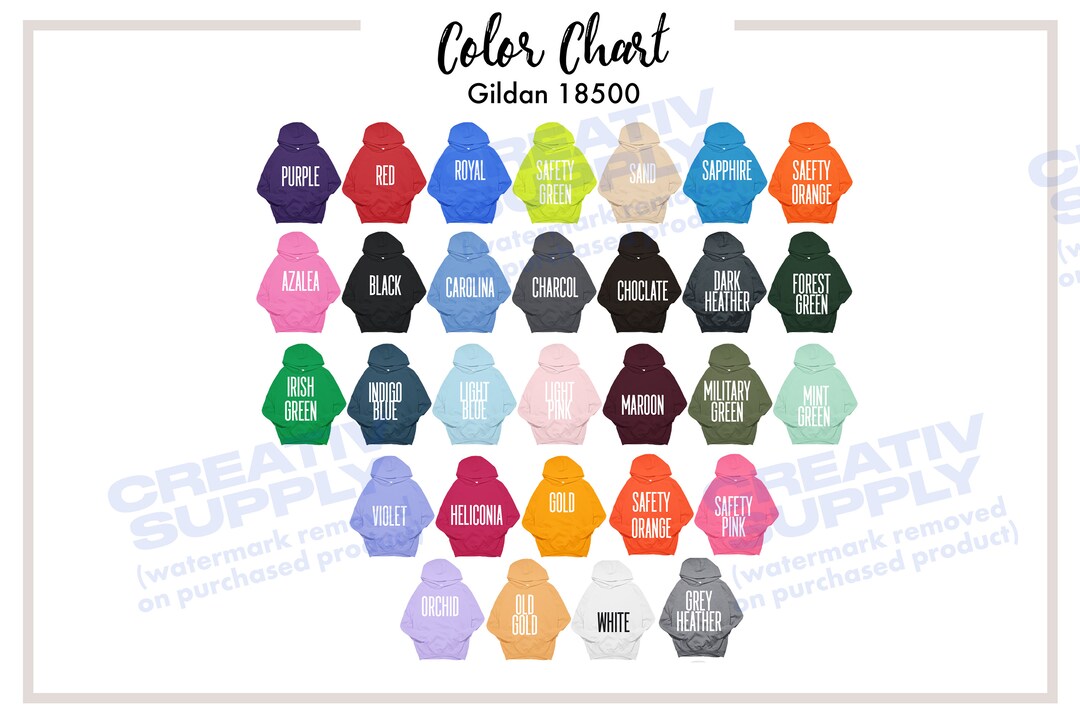 Gildan Hoodie Color Chart for Gildan 18500 Hoodie Size Chart Etsy