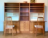 SOLD - Vintage Mid Century Scandinavian Teak Modular Wall Unit w Dual Secretary Desks by G. Van Pelt c 1970s.