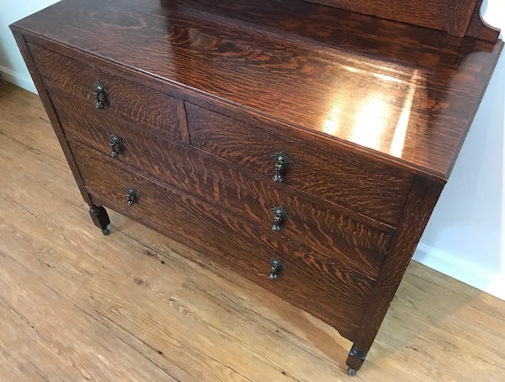 Antique Tiger Oak Dresser W Floating Beveled Mirror Etsy