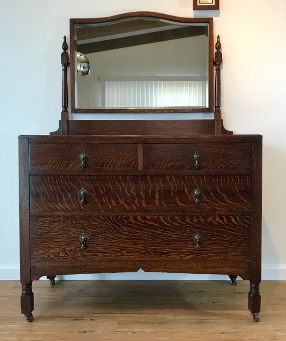 Antique Tiger Oak Dresser W Floating Beveled Mirror Etsy