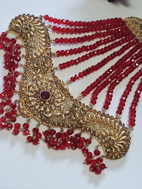 Jhoomar/passa/indian Bridal Hair Jewelleryred Antique Gold - Etsy Jhoomar/passa/indian Bridal Hair Jewelleryred Antique Gold - Etsy
