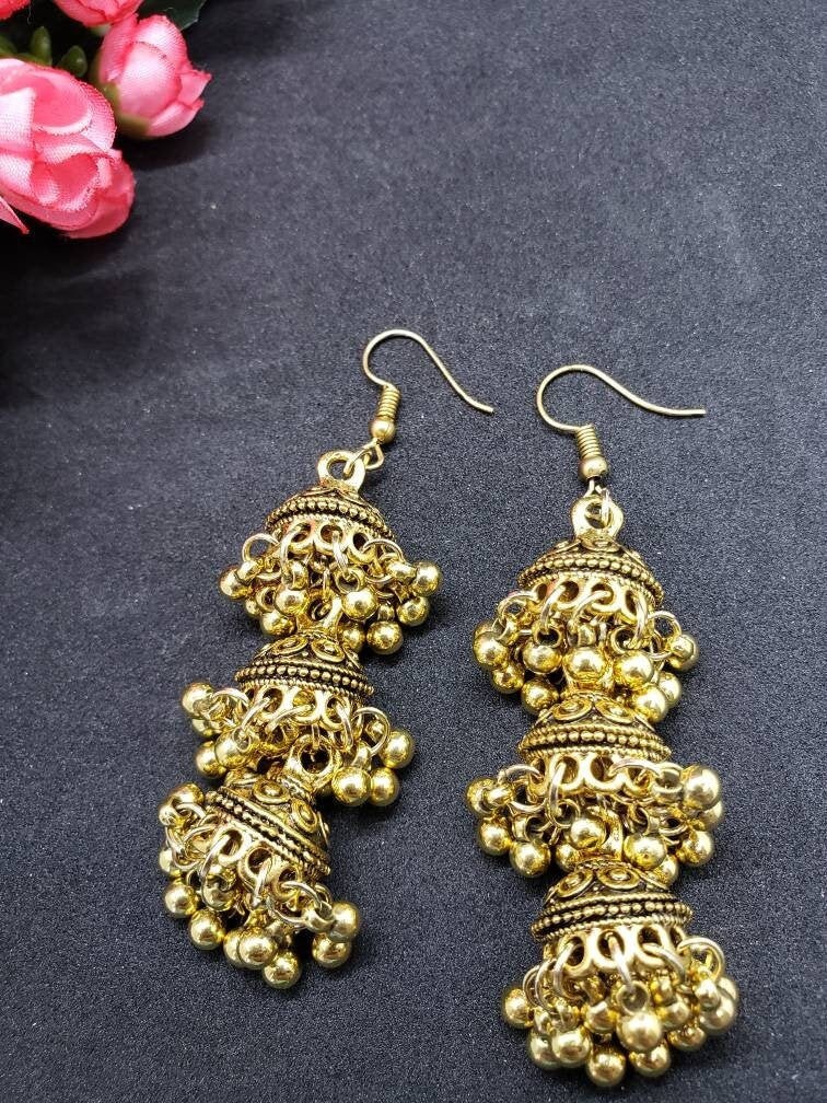 Indian Pakistani jewellery designer antique vintage oxidized gold Jhumka earings 