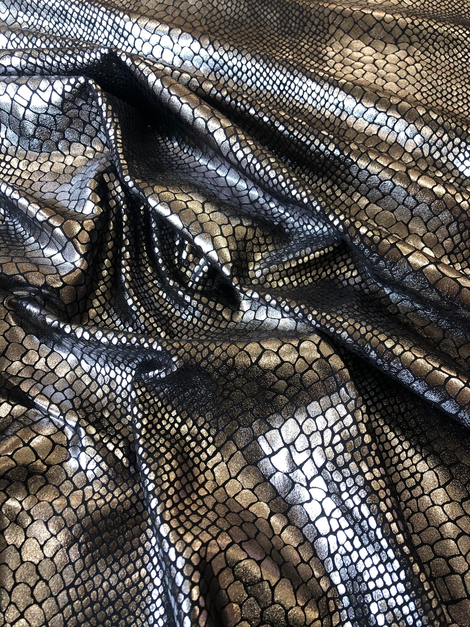 Gunmetal Metallic Foil Snake Print on Black 4 Way Stretch Etsy Australia
