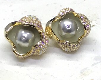 Vintage Swarovski  earrings gold signed pearl flower bud