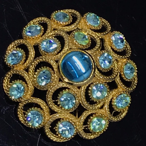 Vintage Sphinx blue brooch signed statement rhinestone