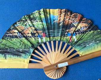 Abanico vintage pintado a mano paisaje Tailandia arte de pared