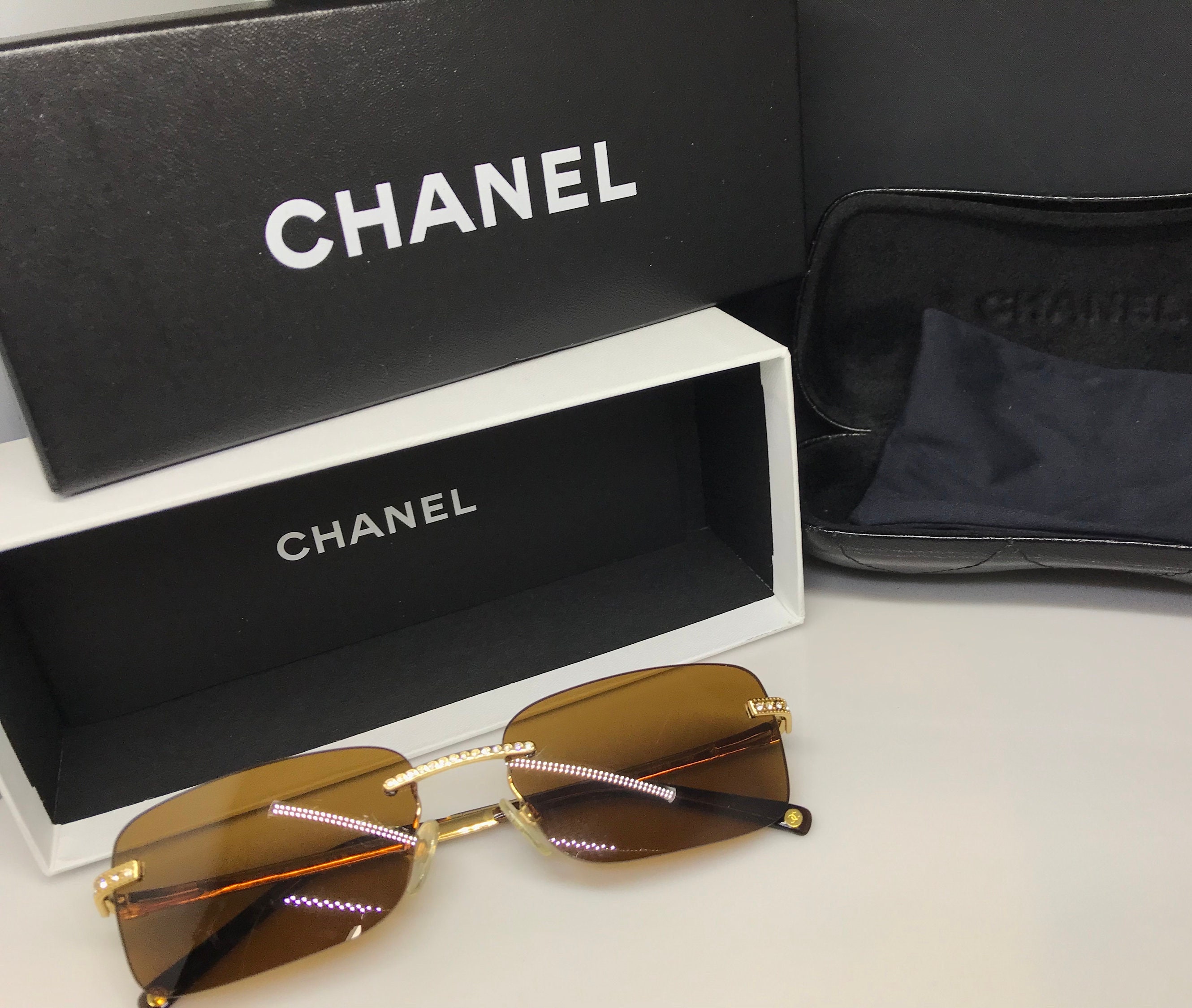 Chanel Brown Bronze Ombre Tinted Gold Crystal CC Rimless Kylie Sunglasses