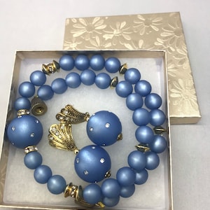 vintage lucite necklace earrings set blue diamanté