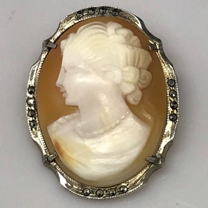 Vintage cameo brooch marcasite silver