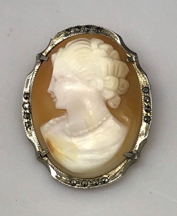 Broche Camée Ancienne Coquille Femme Argent Marcasite - Antique
