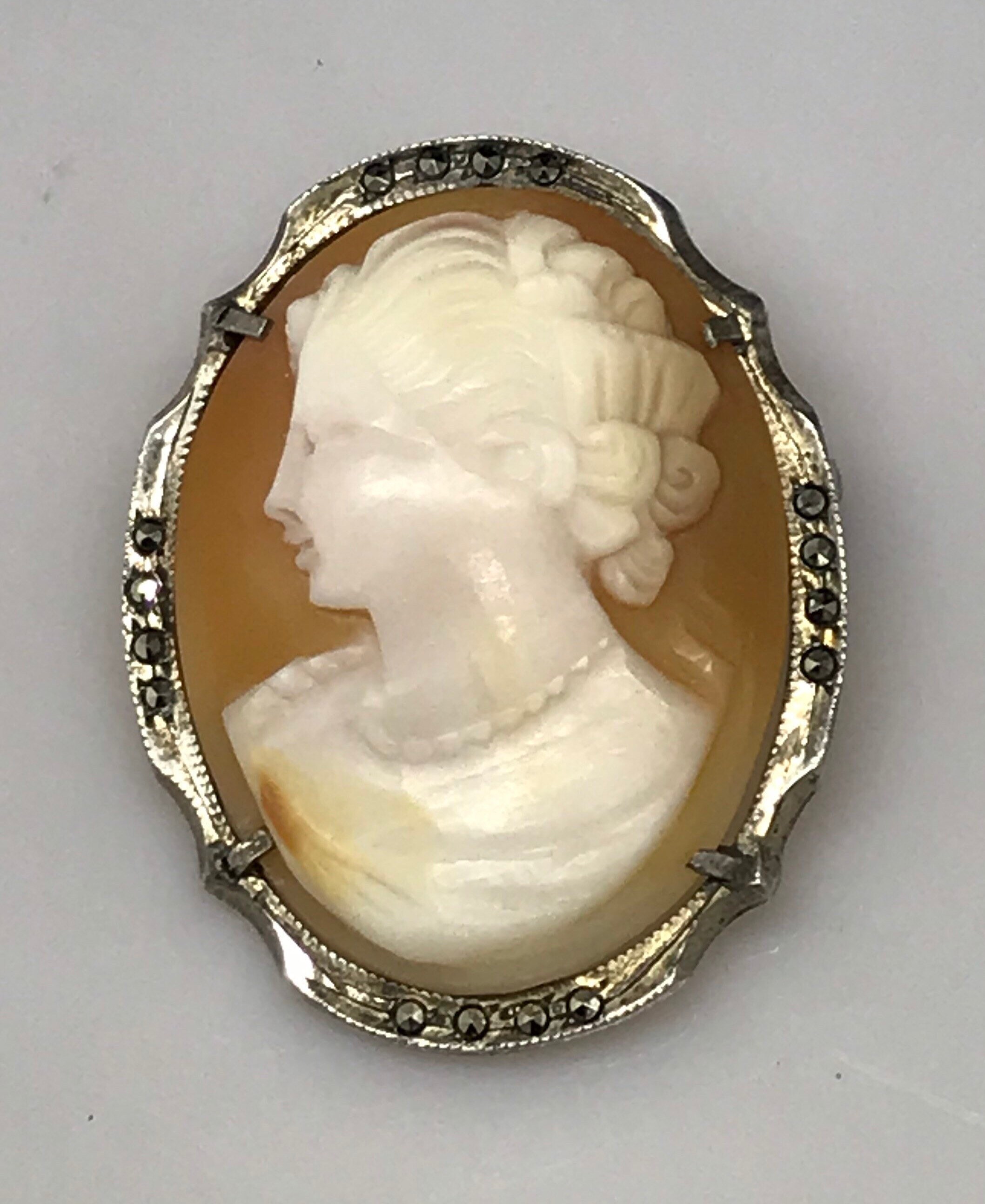 Vintage cameo brooch marcasite silver