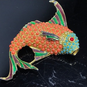 Vintage brooch Ciner style coral turquoise fish enamel