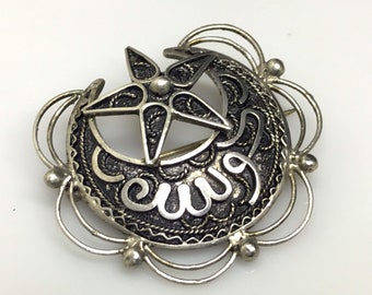 Antique Islamic silver brooch moon star mens