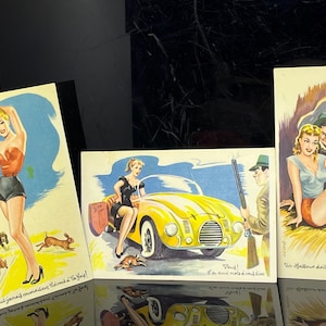 Conjunto de 3 cartões postais picantes franceses dos anos 1950
