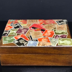 box stamps Queen Elizabeth orange red earth vintage up cycled wooden