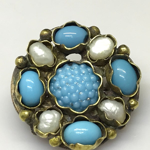 Unusual Antique brooch early safety clasp seed pearl turquoise glass