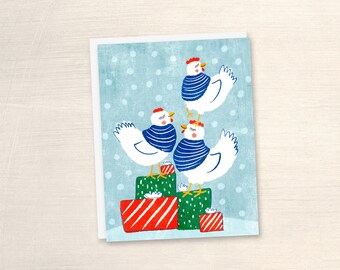 Christmas Card, Three French Hens, Illustrated Greeting Card