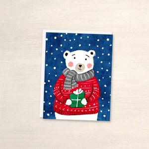 Christmas Card, Cute Polar Bear Illustrated Greeting Card, 1pc