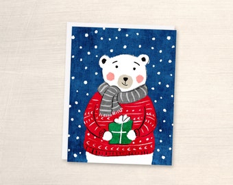 Christmas Card, Cute Polar Bear Illustrated Greeting Card, 1pc