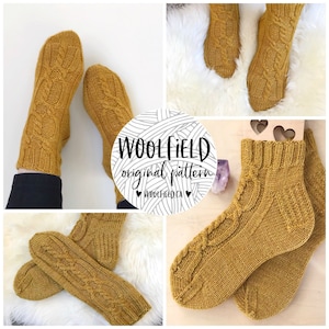 May include: A pair of mustard yellow knitted socks with a cable knit pattern. The socks are shown in different angles and on different surfaces. The image also includes the text "WOOLFIELD original pattern" and "WOOLFIELD.CA".