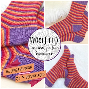 May include: A pair of striped socks in orange, red, and purple. The socks are knit and have a toe-up or cuff-down design. The image includes the text "Woolfield original pattern" and "2 PDFs included".