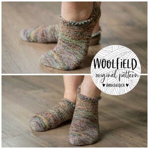 May include: A pair of colorful ankle socks with a decorative crocheted edge. The socks are made with a variegated yarn and have a subtle marled effect. The image includes the text "WOOLFIELD original pattern WOOLFIELD.CA".