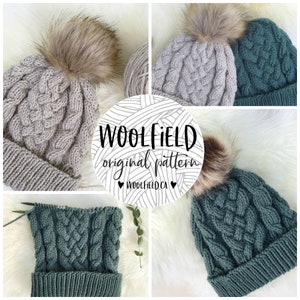 KNITTING PATTERN: Cozy Campfire Beanie - Women&#39;s Cabled Beanie Pattern, Double Brim Toque, Unisex Hat, Faux Fur Pompom